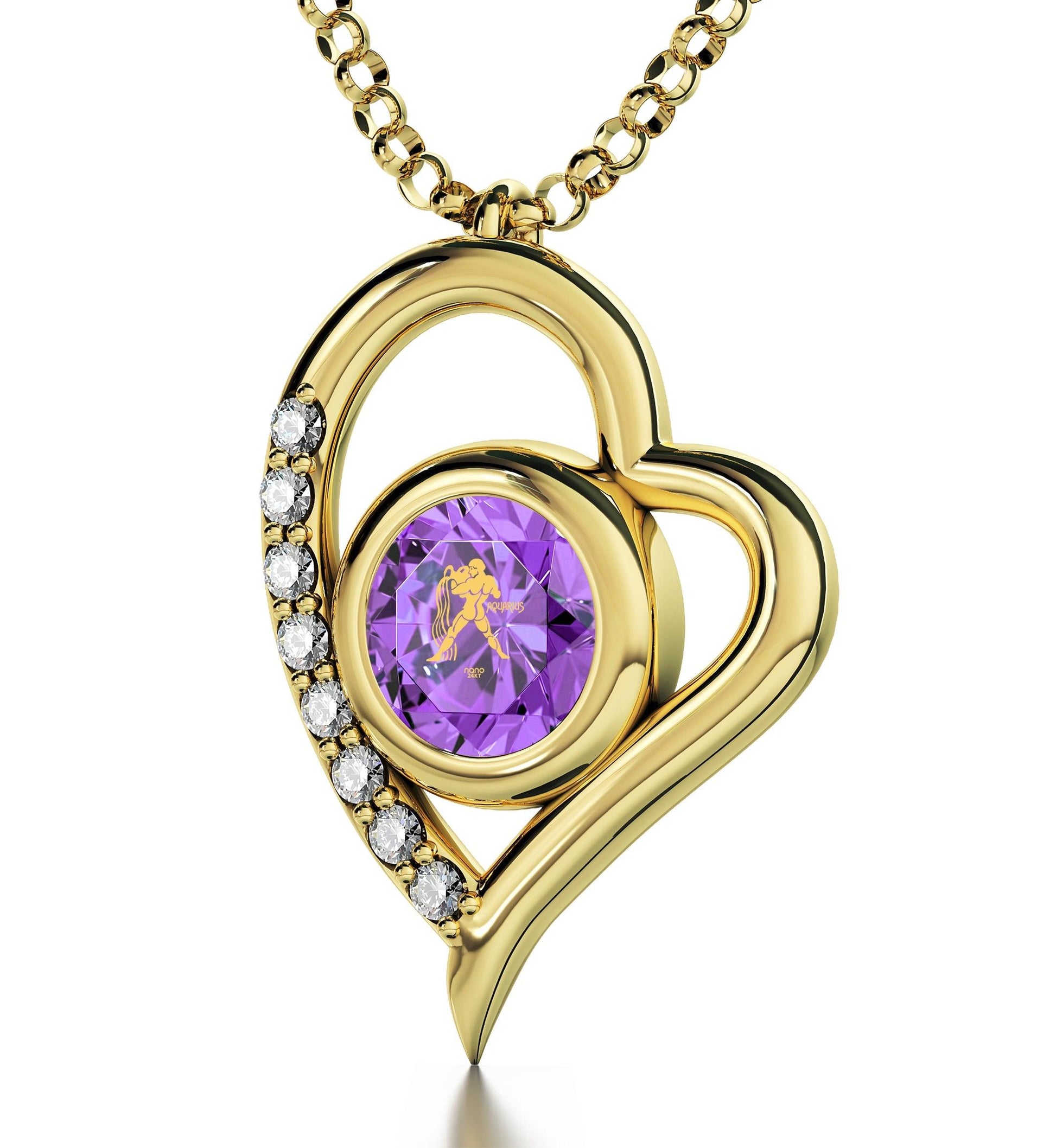 Gold Plated Silver Zodiac Heart Pendant Aquarius Necklace 24k Gold inscribed on Crystal - Puritific