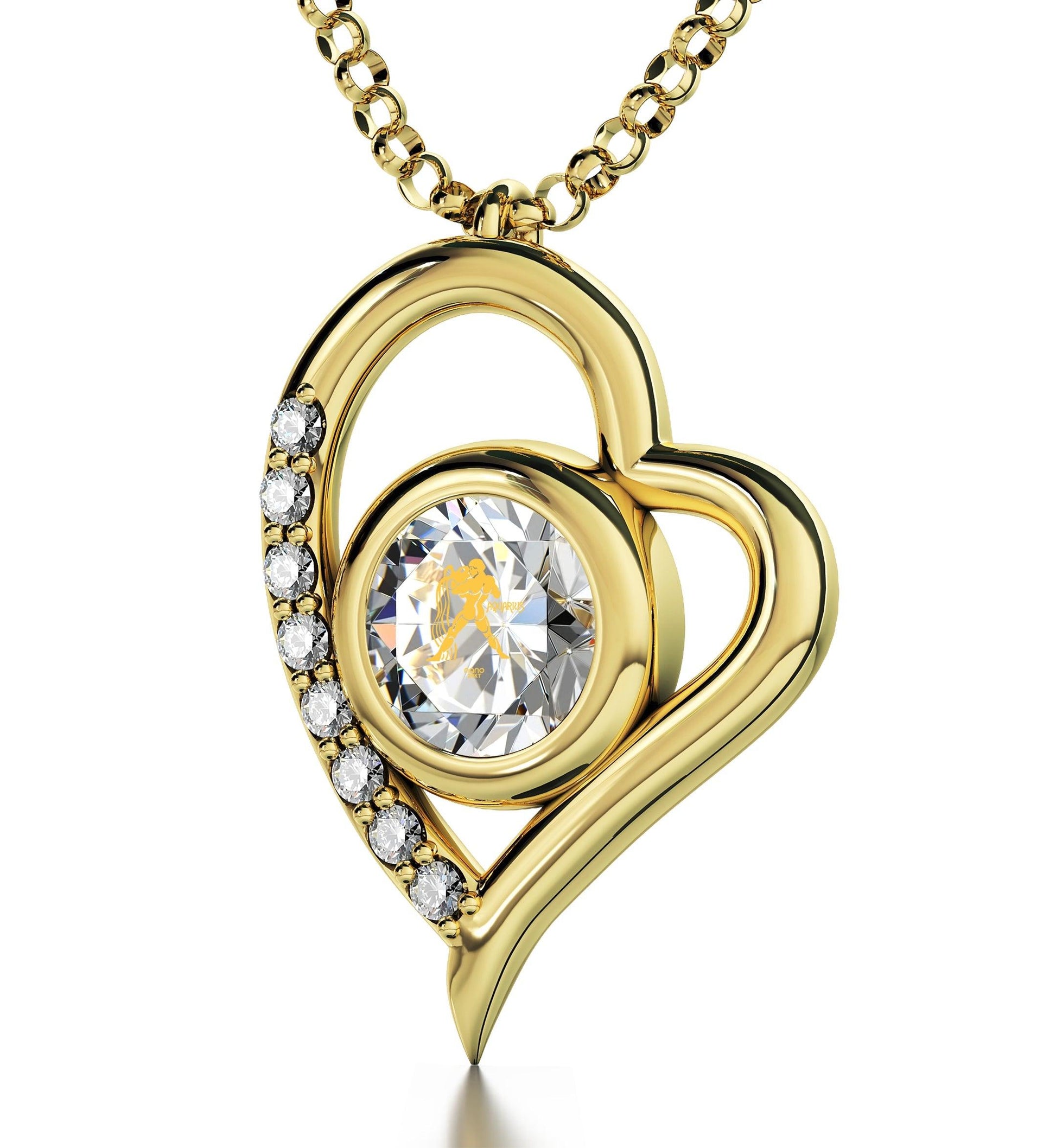 Gold Plated Silver Zodiac Heart Pendant Aquarius Necklace 24k Gold inscribed on Crystal - Puritific