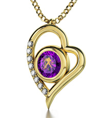 Gold Plated Silver Zodiac Heart Pendant Aquarius Necklace 24k Gold inscribed on Crystal - Puritific