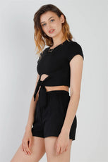 Black Cut-Out Detail Self-Tie Hem Short Sleeve Crop Top & High Waist Short Set /2-2-2 - Puritific