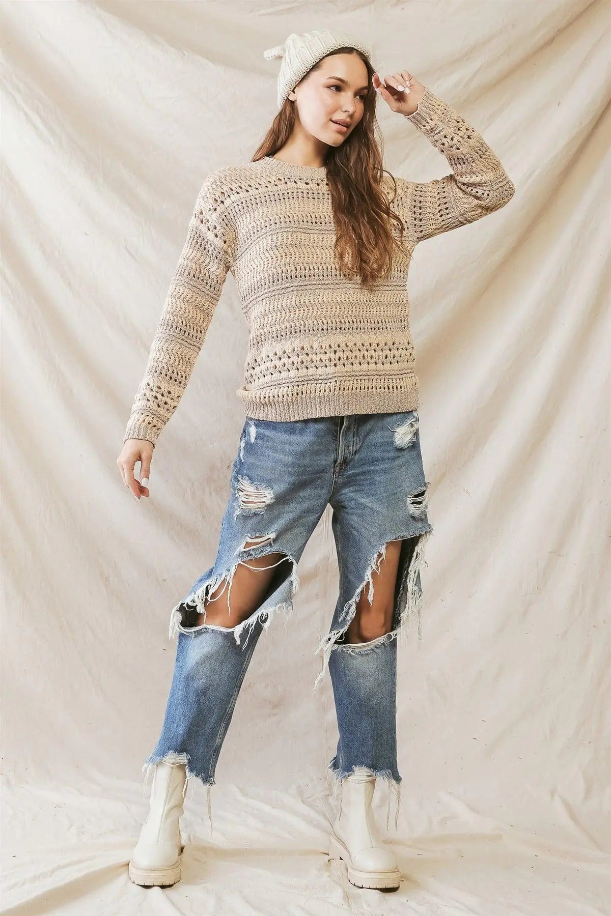 Beige Knit Crew Neck Long Sleeve Sweater /2-3-1 - Puritific