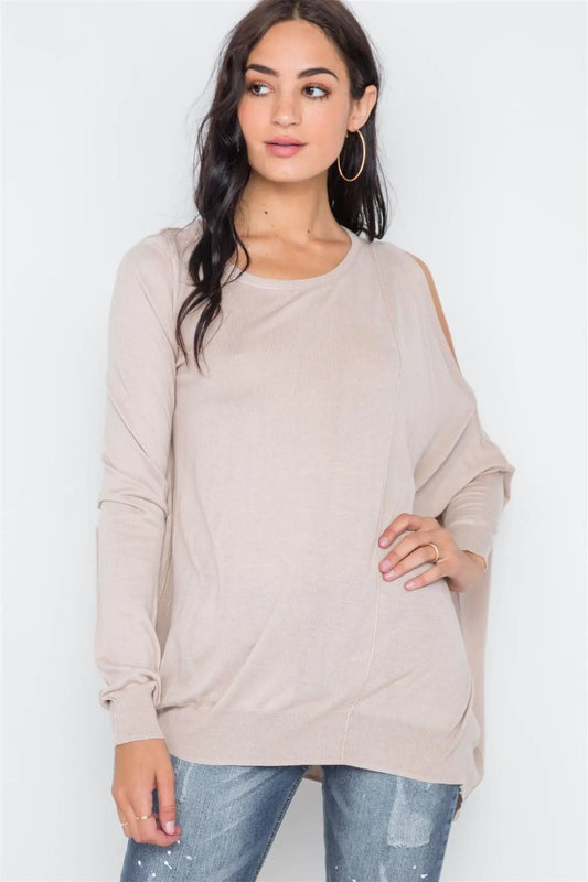 Almond Asymmetrical Hem Seamed Sweater /3-2 - Puritific