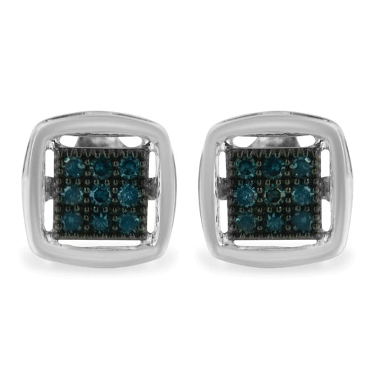 Sterling Silver Rose Cut Treated Blue Diamond Square Stud Earring (0.25 cttw, Blue Color, I2-I3 Clarity) - Puritific