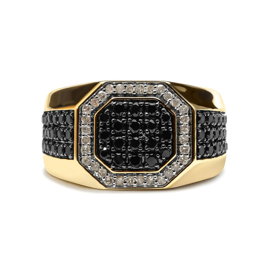 Men's 14K Yellow Gold Plated .925 Sterling Silver 1 1/4 Cttw White and Black Diamond Signet Style Band Ring (Black / I-J Color, I2-I3 Clarity) - Puritific