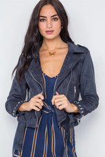 Blue Studded Embroidery Faux Suede Moto Jacket /2-2-2 - Puritific