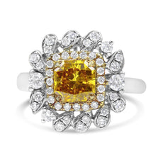 18K White and Yellow Gold 1.76 Cttw Yellow Radiant Lab Grown Center Diamond Double Halo Cocktail Ring (Yellow/G-H Color, VS1-VS2 Clarity) - Puritific