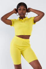 Neon Yellow Athletic Short Sleeve Polo Ribbed Crop Top & Biker Short Set /3-2-1