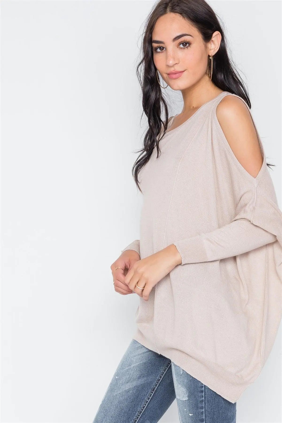 Almond Asymmetrical Hem Seamed Sweater /3-2 - Puritific