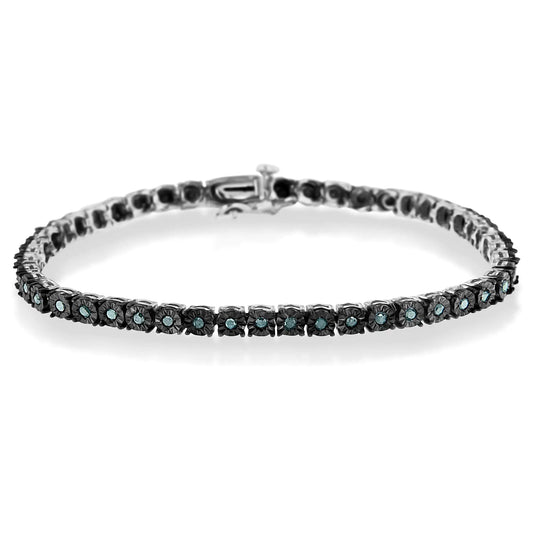 Black Rhodium Plated .925 Sterling Silver 1.0 Cttw Diamond Miracle Tennis Bracelet (Enhanced Blue Color, I3 Clarity) - 7" - Puritific