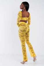 Yellow Sheer Floral Lace Crop Square Neck Top & High Waist Flare Pant Set /2-2 - Puritific