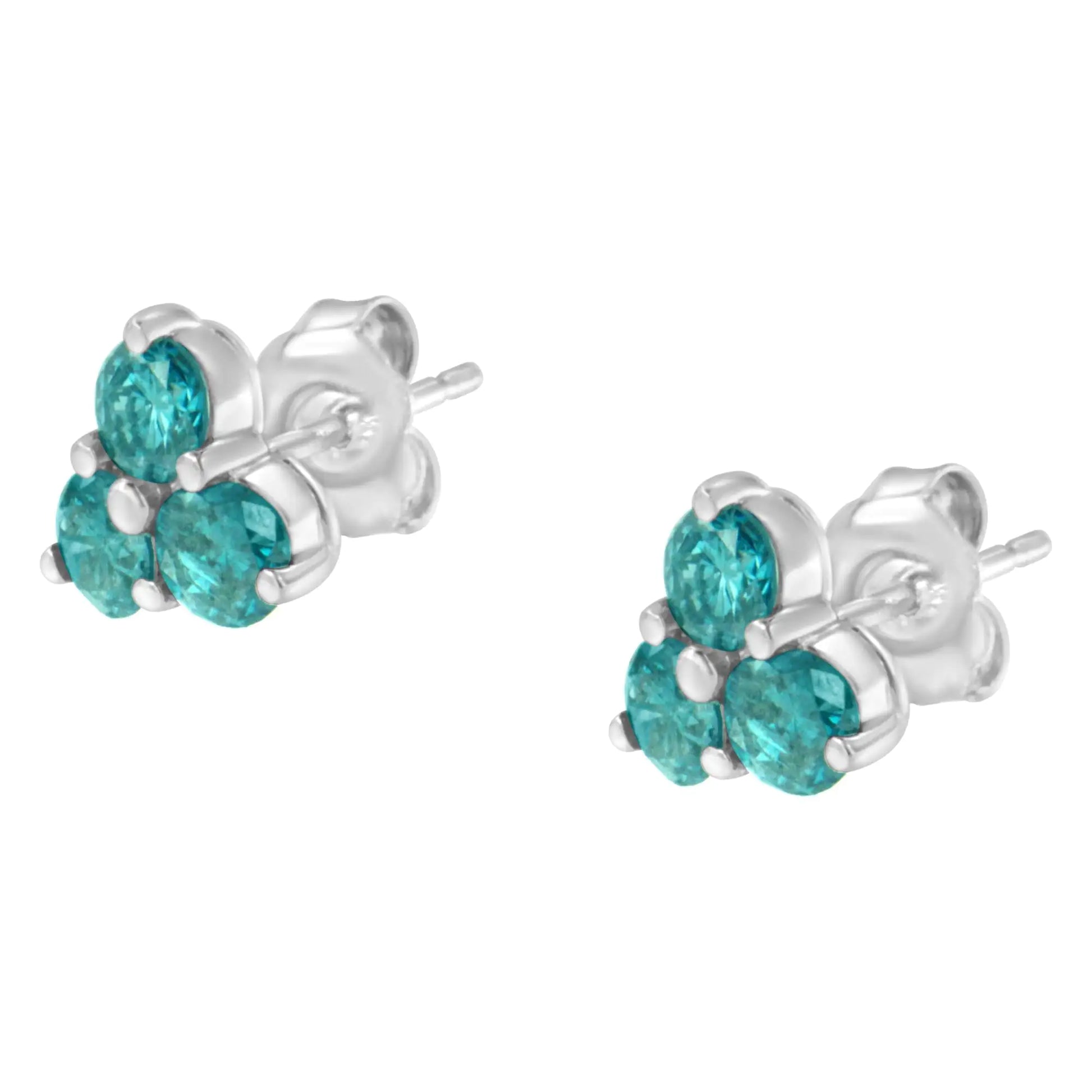 14KT White Gold Treated Blue Diamond Trio Stud Earrings (1 1/3 cttw, Blue) - Puritific