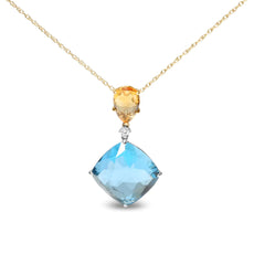 18K White and Yellow Gold Diamond Accent and Pear Cut Lemon Quartz and Cushion Cut London Blue Topaz Gemstone Dangle Drop 18