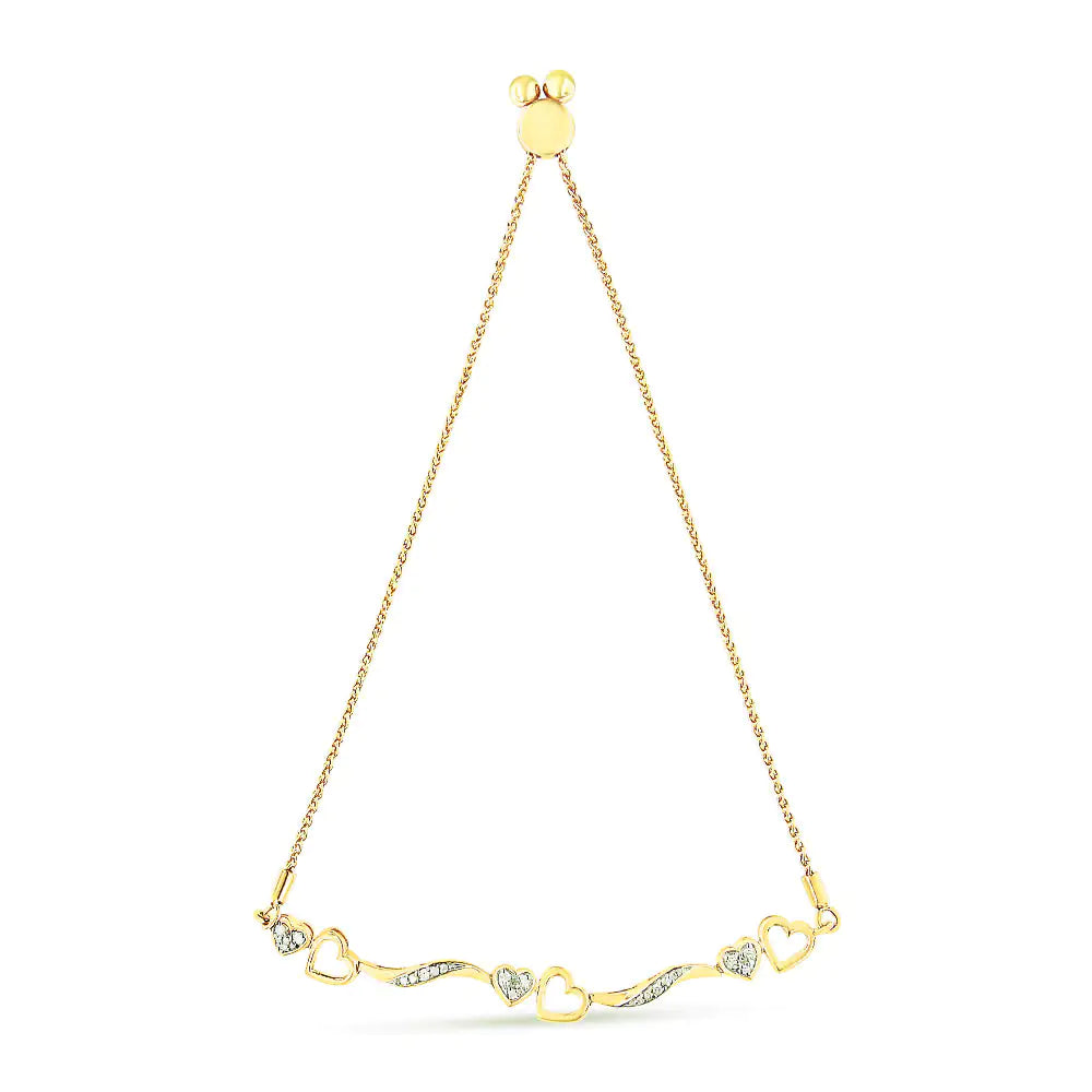 14K Yellow Gold Plated .925 Sterling Silver 1/10 Cttw Diamond Wave and Hearts 4”-10” Adjustable Bolo Bracelet (I-J Color, I3 Clarity) - Puritific