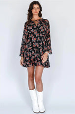 Black Multi Floral Print Long Sleeve Mini Dress /1-3-2 - Puritific