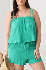 Plus Size Smocked Strapless Top Front Tie Short Set