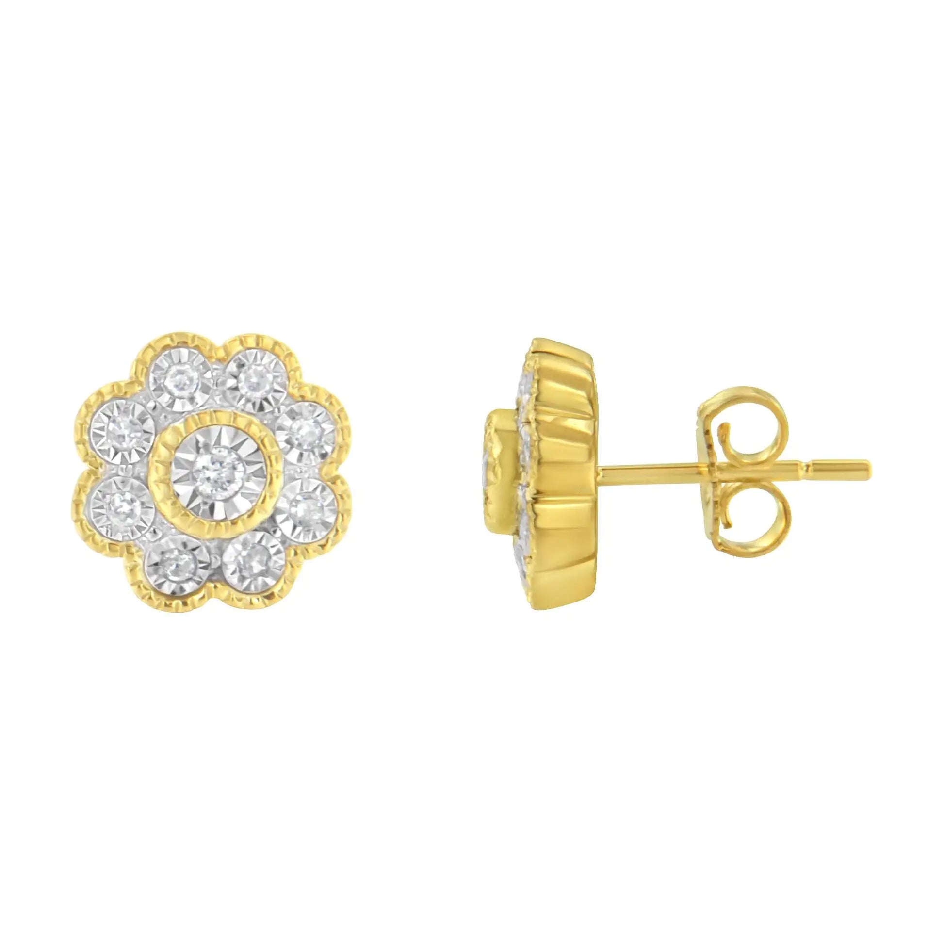 14K Yellow Gold Plated .925 Sterling Silver 1/6 Cttw Miracle-Plate Set Diamond Floral Stud Earrings (I-J Color, I2-I3 Clarity) - Puritific