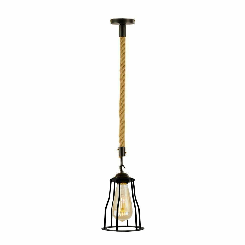 Vintgae E27 Industrial Pendant Retro Cage Edison Hemp Rope Ceiling Light Fixture~2026-7