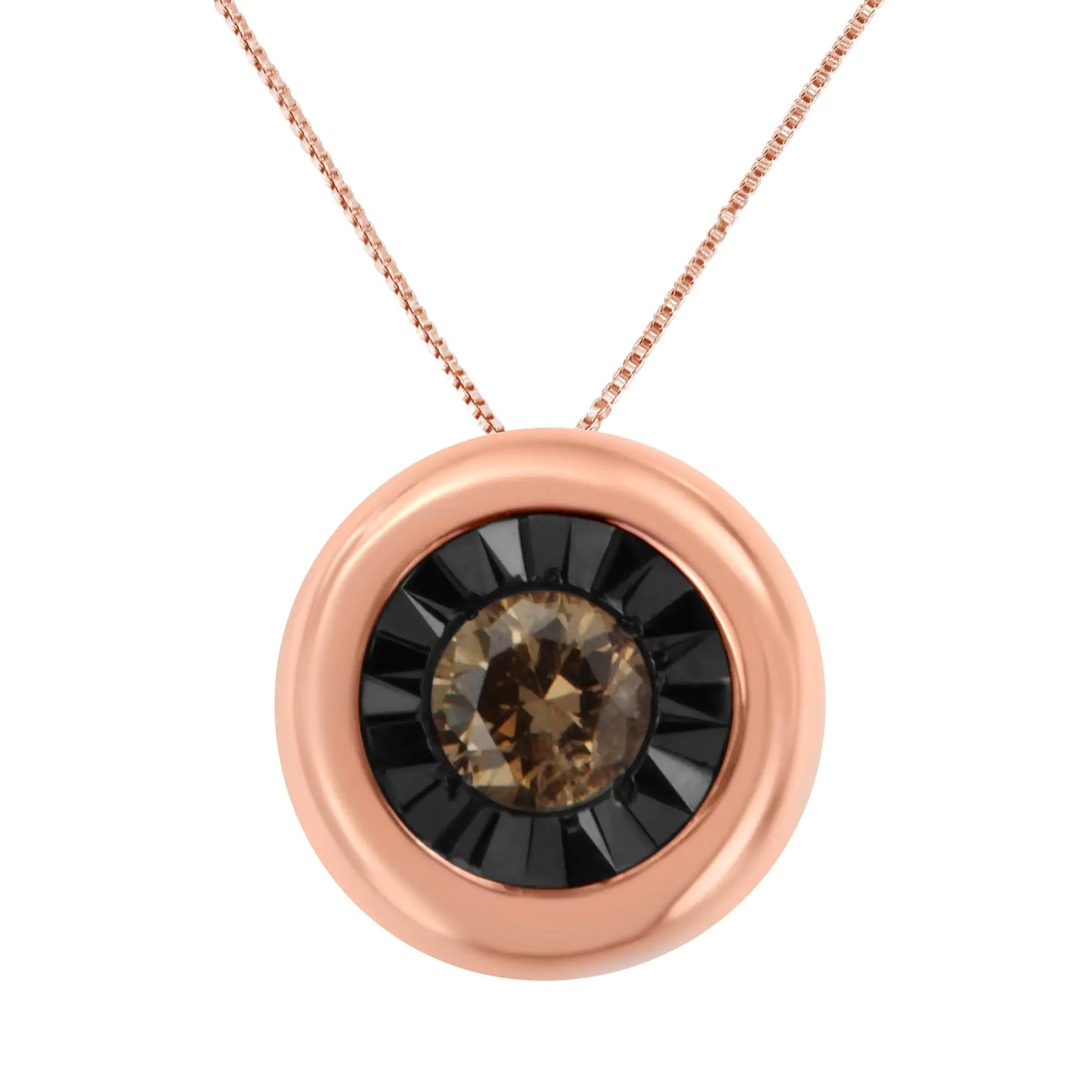 Black Rhodium over 10K Rose Gold 1/10 Carat Diamond Two Tone Round Miracle-Plate Solitaire 18” Pendant Necklace (Champagne Color, I2-I3 Clarity) - Puritific