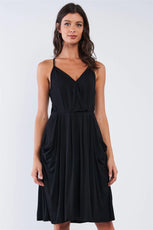 Black Casual Pleated Wrap Deep Plunge V-Neck Sleeveless Mini Dress With Front Pockets