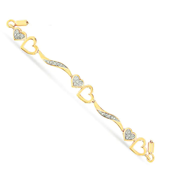 14K Yellow Gold Plated .925 Sterling Silver 1/10 Cttw Diamond Wave and Hearts 4”-10” Adjustable Bolo Bracelet (I-J Color, I3 Clarity) - Puritific