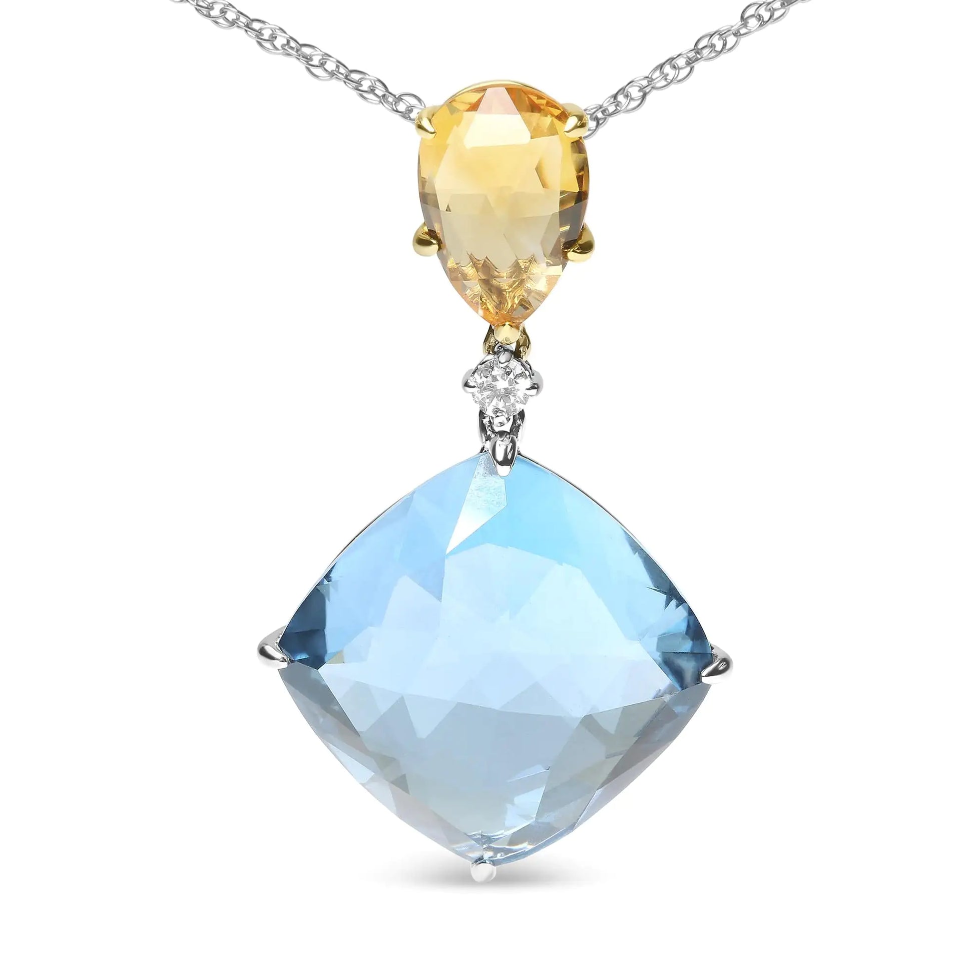 18K White and Yellow Gold Diamond Accent and Yellow Citrine and Sky Blue Topaz Gemstone Dangle Drop 18" Pendant Necklace (G-H Color, SI1-SI2 Clarity) - Puritific