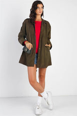 Olive Glossy Drawstring Trim Button-Down Coach Rain Coat Jacket /2-2-2