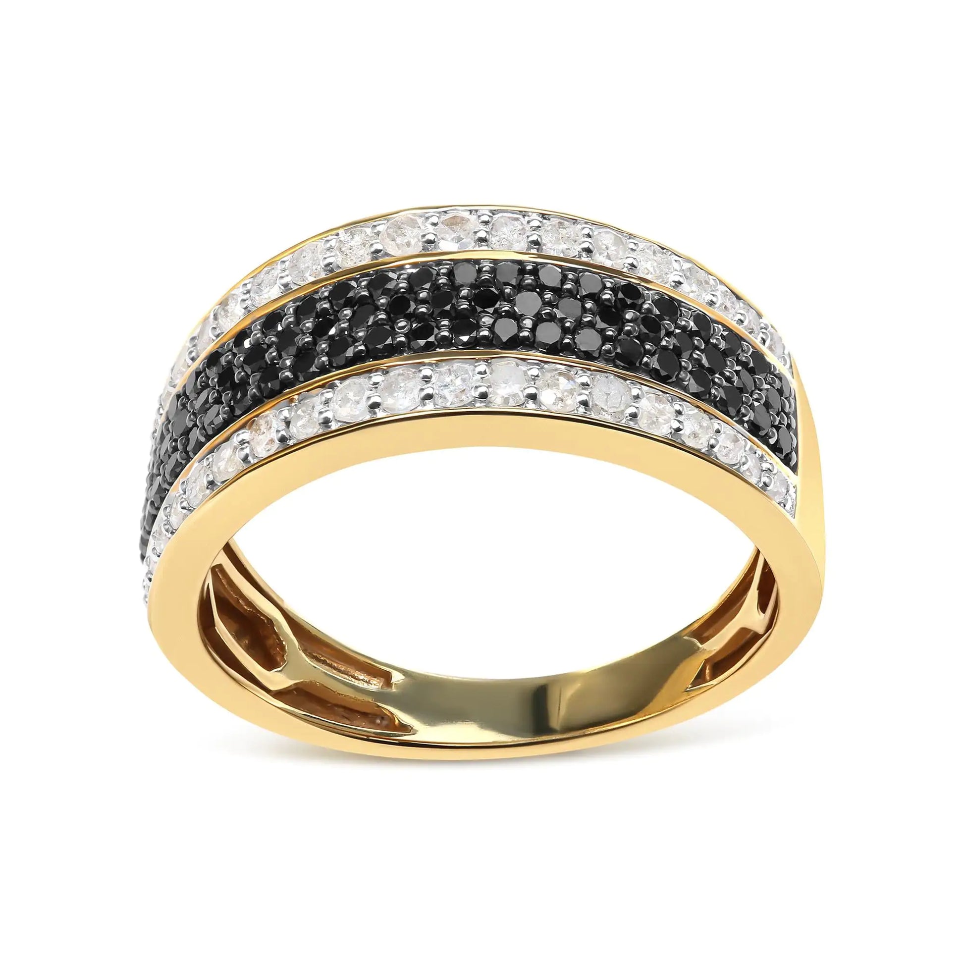 14K Yellow Gold Plated .925 Sterling Silver 1 1/4 Cttw White and Black Treated Diamond Multi Row Band (Black/I-J Color, I2-I3 Clarity) - Puritific