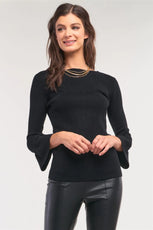 Black Ribbed Knit Boat Neck 3/4 Bell Sleeve Fitted Sweater /3-3 - Puritific