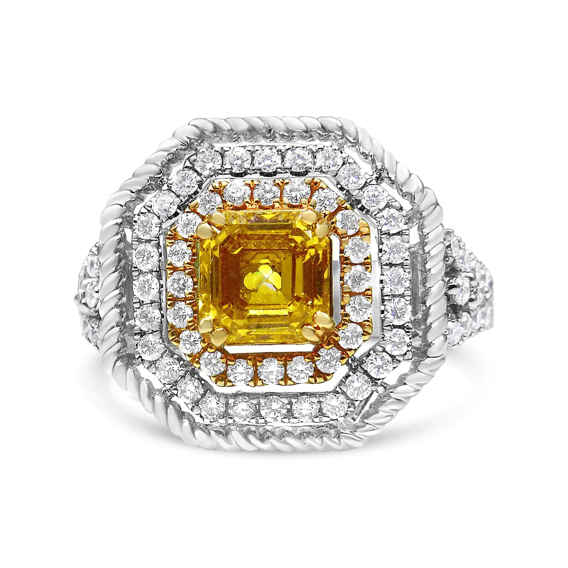 18K White and Yellow Gold 2 1/5 Cttw Lab Grown Yellow Asscher Diamond Double Halo Art Deco Cocktail Ring (Yellow/G-H Color, VS1-VS2 Clarity) - Puritific