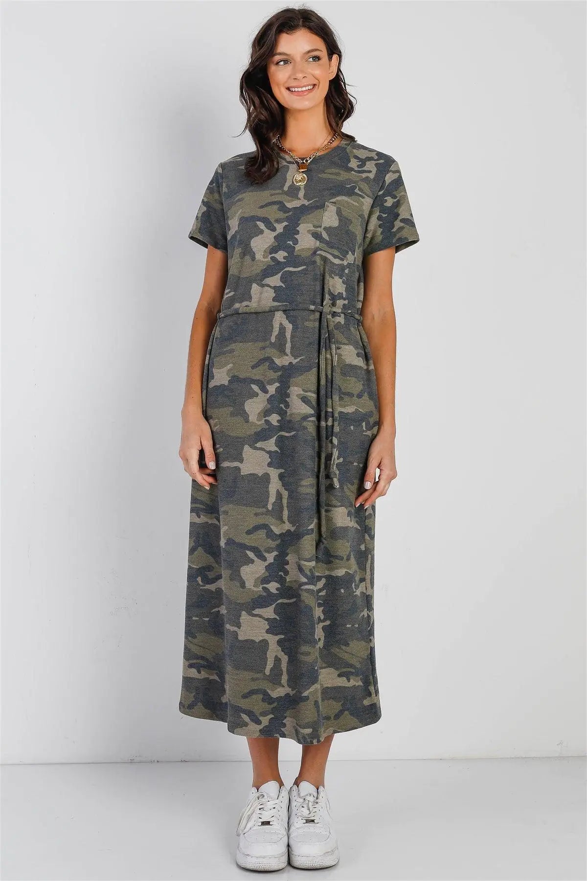 Dark Camo Self-Tie Belted Short Sleeve Midi Dress - Puritific