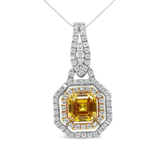 18K White and Yellow Gold 2 3/5 Cttw Lab Grown Yellow Asscher Diamond Double Framed Halo 18" Pendant Necklace (Yellow/G-H Color, VS1-VS2 Clarity) - Puritific