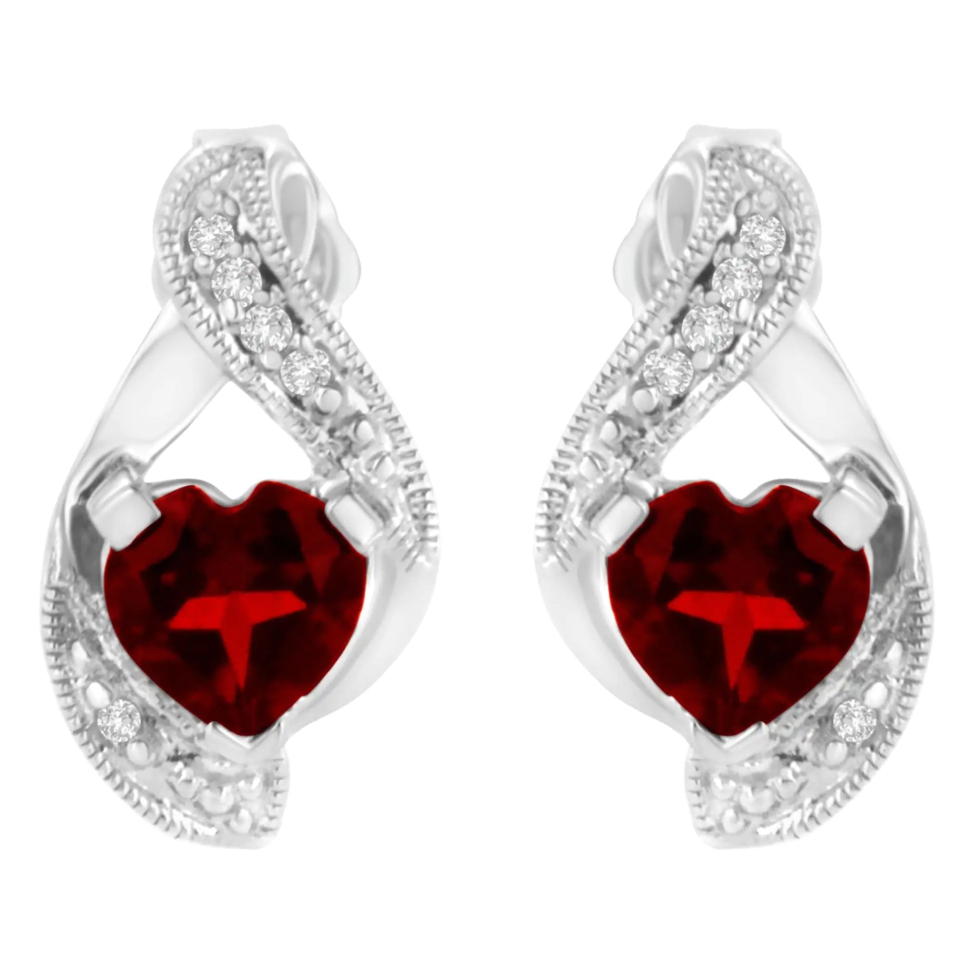 14KT White Gold 6x6mm Created Red Heart Garnet and Diamond Accent Earrings (I-J, I1-I2) - Puritific