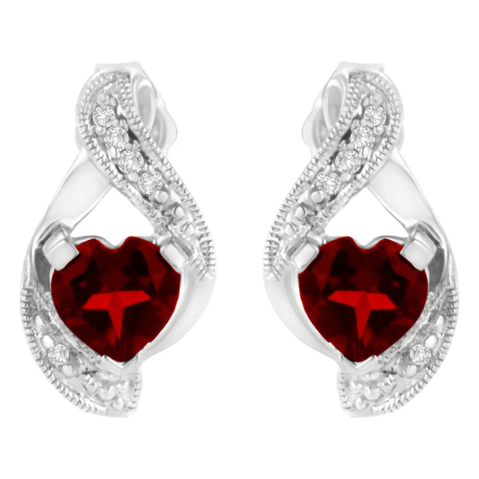 14KT White Gold 6x6mm Created Red Heart Garnet and Diamond Accent Earrings (I-J, I1-I2) - Puritific