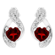 14KT White Gold 6x6mm Created Red Heart Garnet and Diamond Accent Earrings (I-J, I1-I2) - Puritific