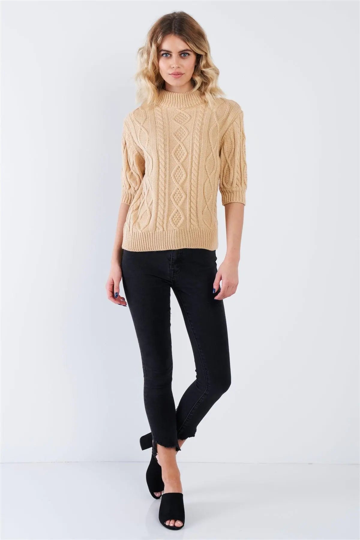 Beige Cable Knit Casual 3/4 Sleeve Mock Neck Chic Sweater - Puritific