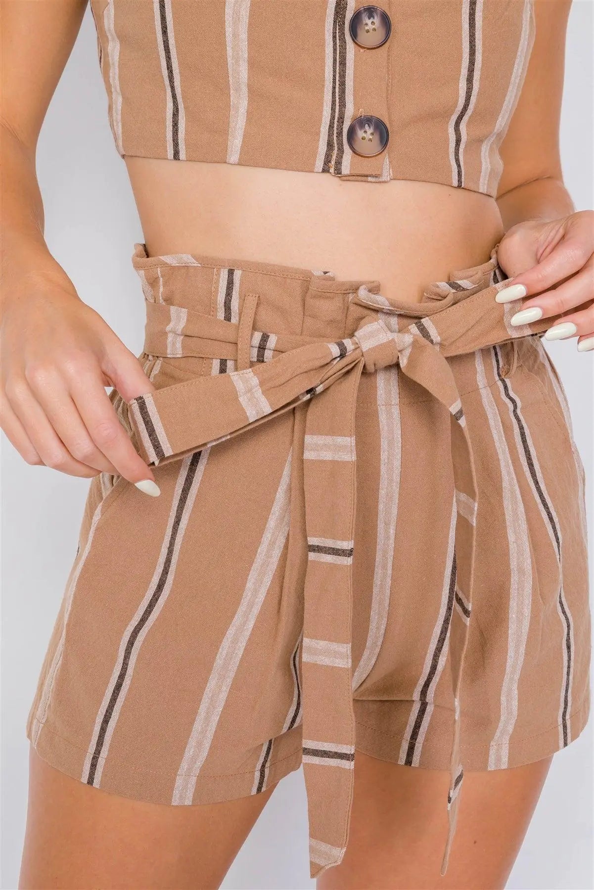 Taupe Cotton Multi Stripe Bandeau & High-Waist Mini Boho Short Set /3-2-1