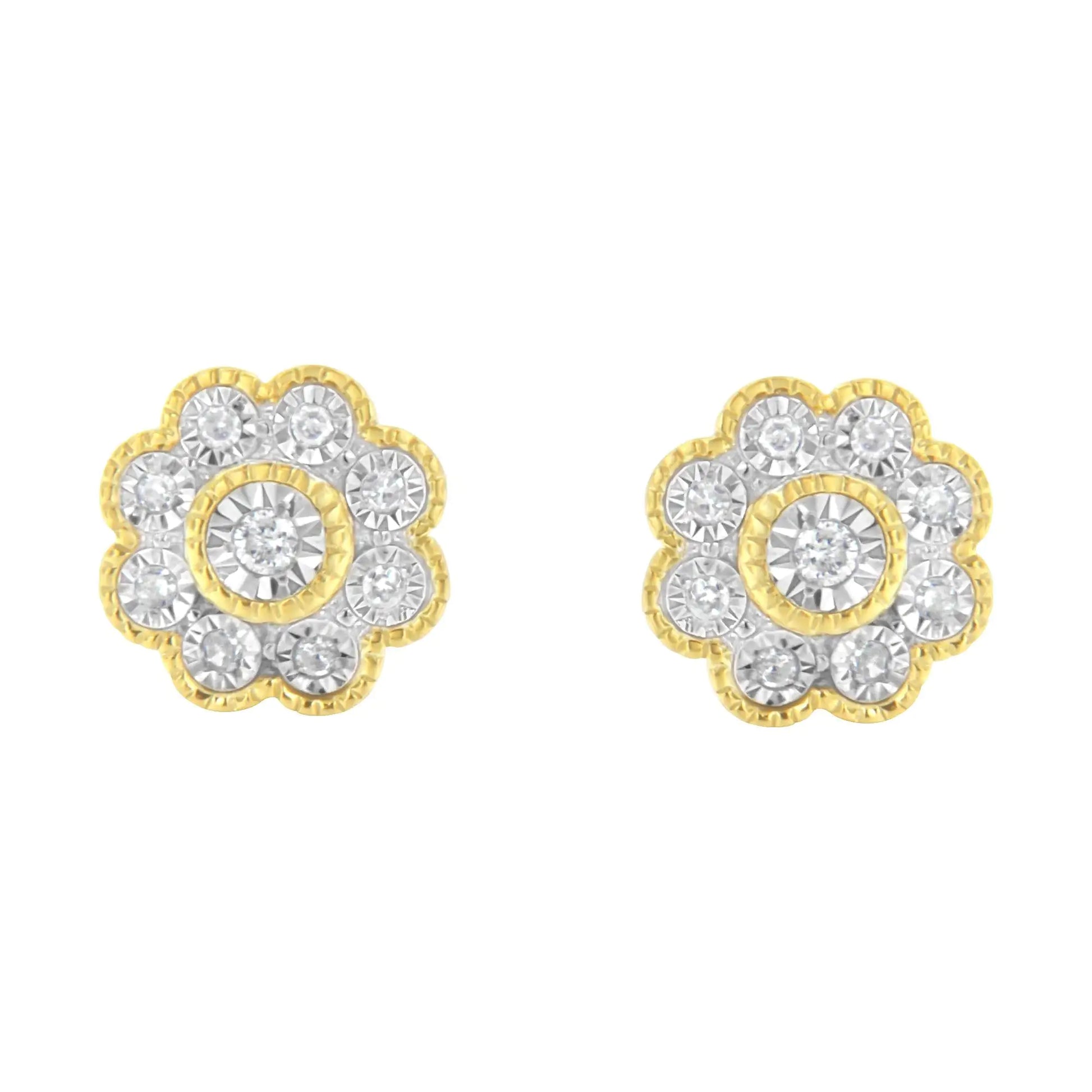 14K Yellow Gold Plated .925 Sterling Silver 1/6 Cttw Miracle-Plate Set Diamond Floral Stud Earrings (I-J Color, I2-I3 Clarity) - Puritific