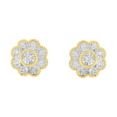 14K Yellow Gold Plated .925 Sterling Silver 1/6 Cttw Miracle-Plate Set Diamond Floral Stud Earrings (I-J Color, I2-I3 Clarity) - Puritific