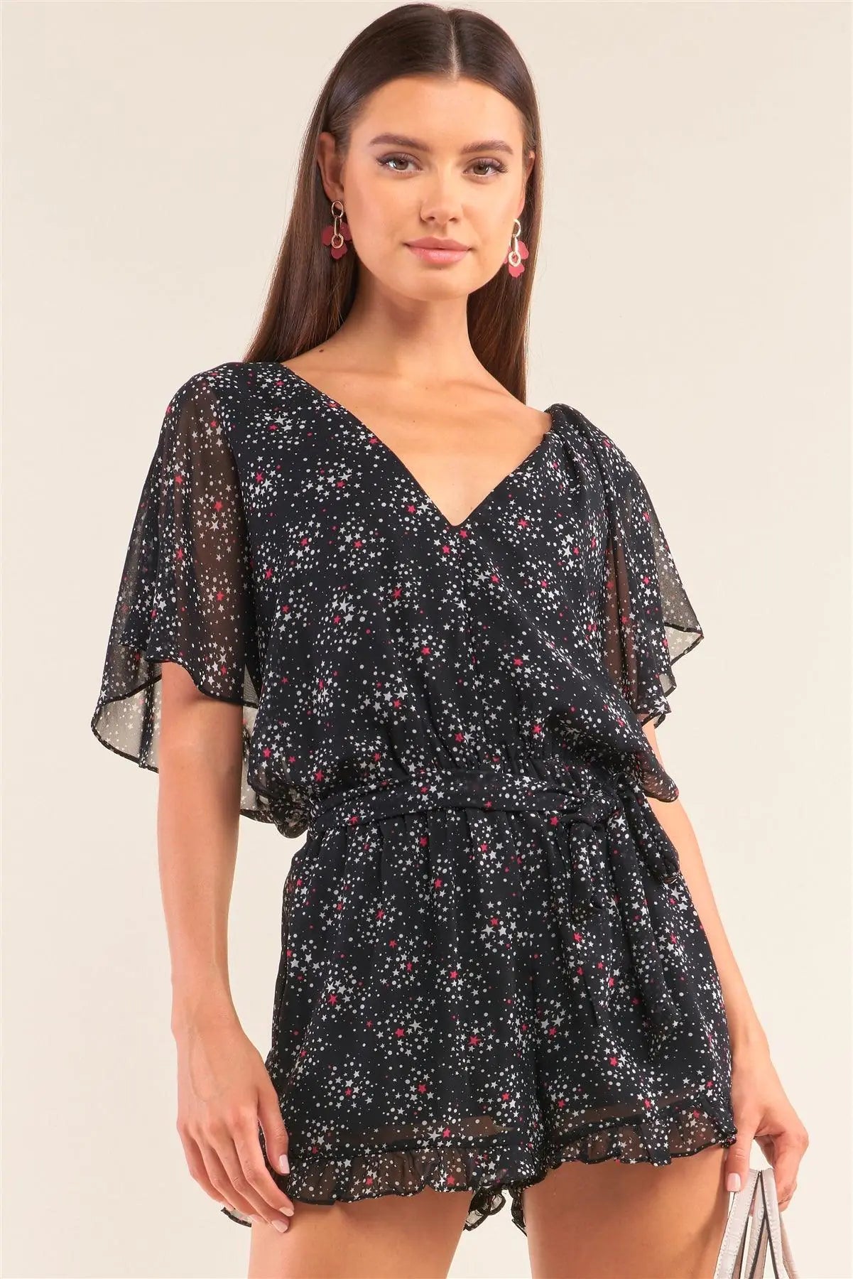 Astra Black Multicolor Star Print Flare Sleeve V-Neck Ruffle Self-Tie Waist Romper /1-2-2-1 - Puritific