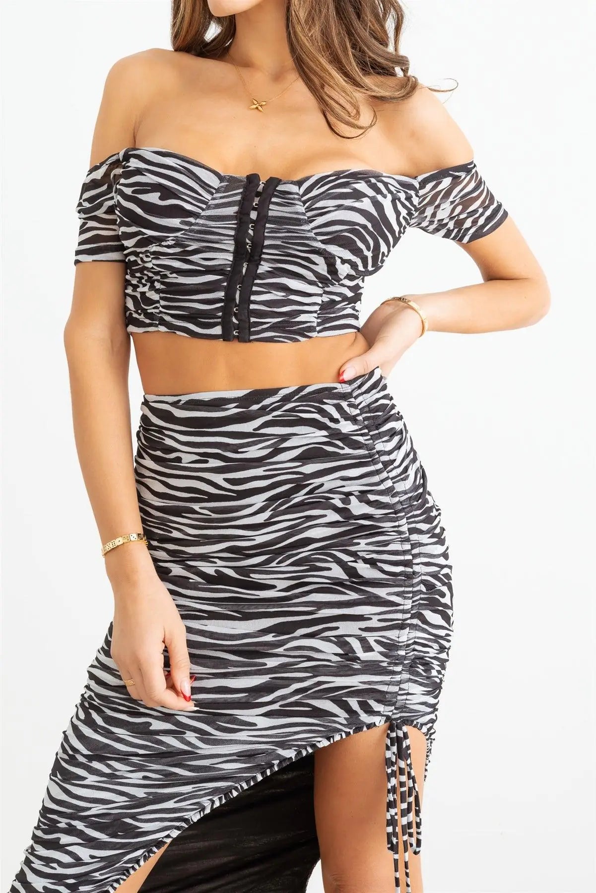 Animal Print Mesh Ruched Crop Top & High Waist Skirt Set - Puritific