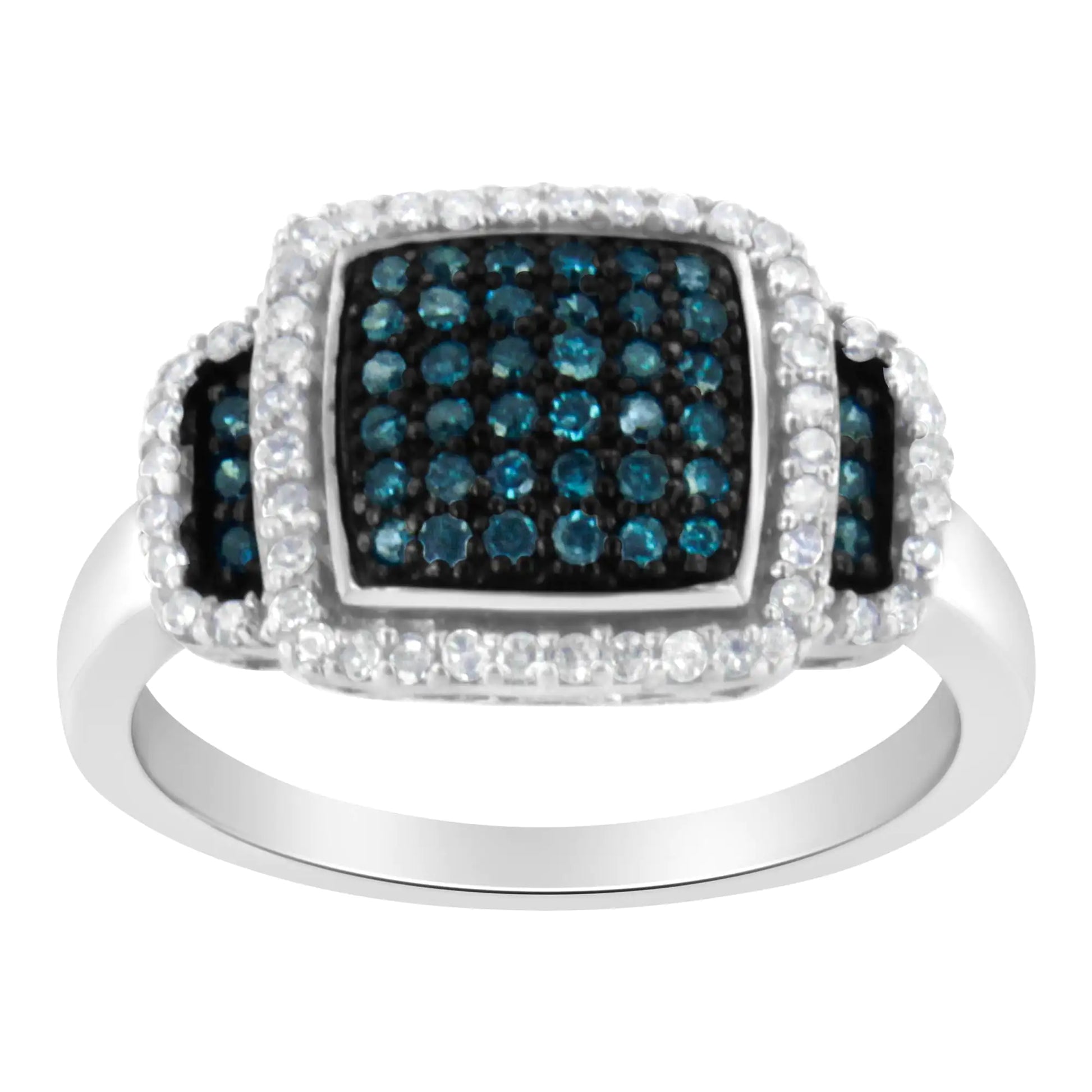 Black Rhodium Plated .925 Sterling Silver 1/2 Cttw White & Blue Diamond Square Halo Cocktail Ring (Fancy Blue & H-I Color, I2-I3 Clarity) - Puritific