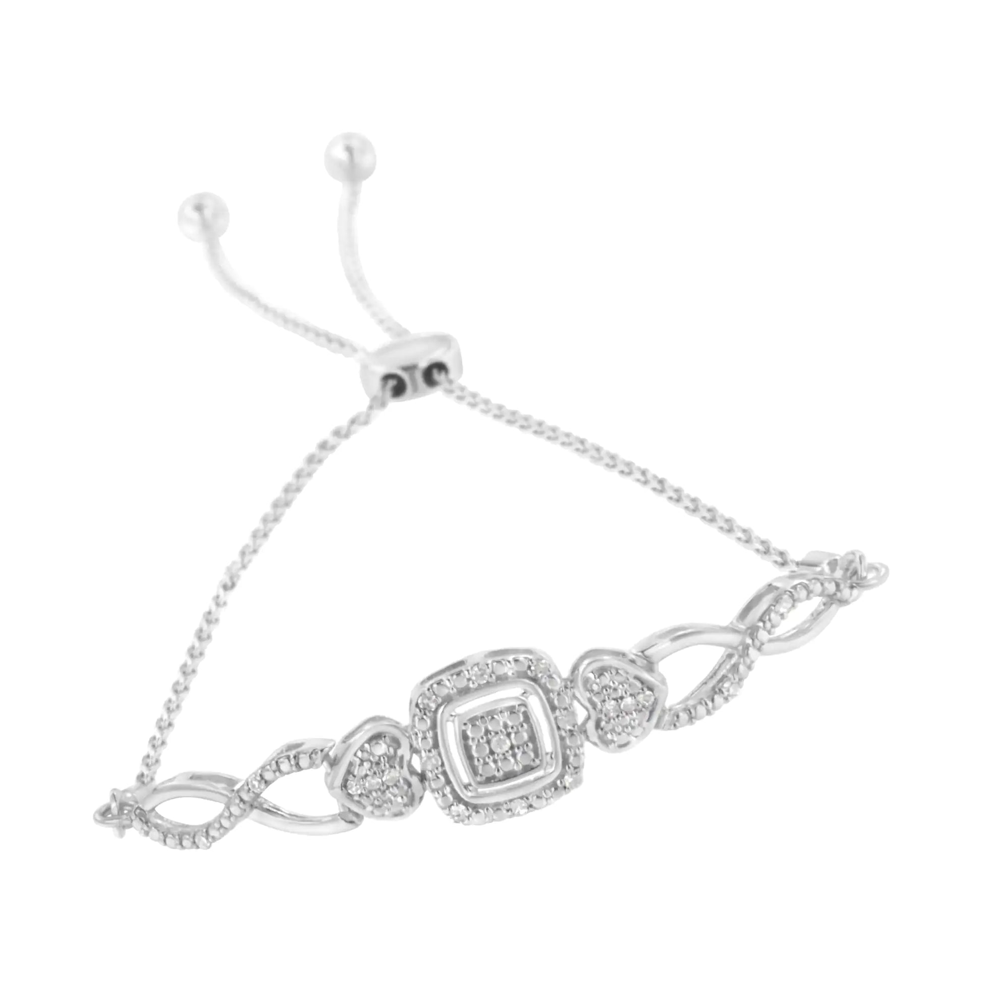 Sterling Silver Diamond Double Heart Bolo Bracelet (0.1 cttw, H-I Color, I2-I3 Clarity) - Puritific