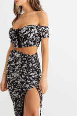 Animal Print Mesh Ruched Crop Top & High Waist Skirt Set - Puritific