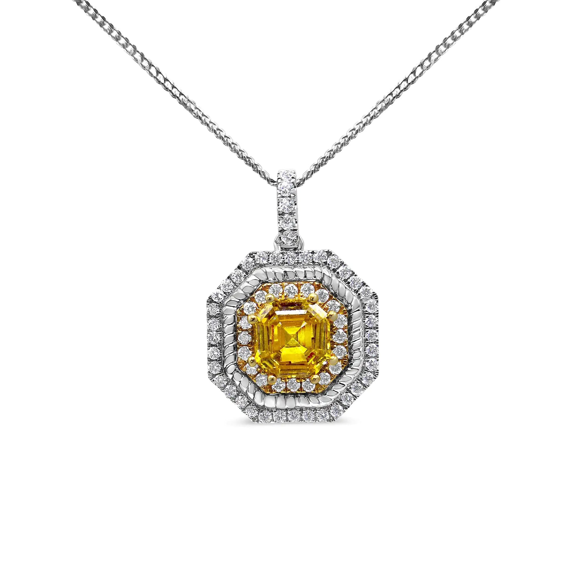 18K White and Yellow Gold 2 1/4 Cttw Lab Grown Yellow Asscher Cut Diamond Art Deco Style Halo 18" Pendant Necklace (Yellow/G-H Color, VS1-VS2 Clarity) - Puritific