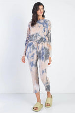 Tie-Dye Button Loop Round Neck Long Sleeve Jumpsuit