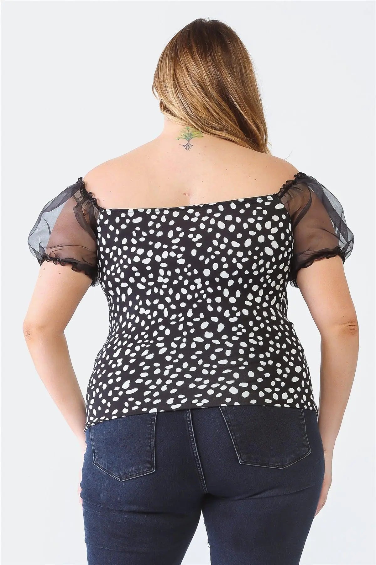 Plus Size Black Dot Print Organza Puff Short Sleeve Top