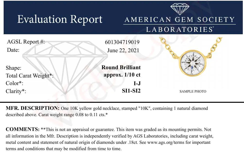 AGS Certified 10K Gold Bezel Set Round Diamond Solitaire 16-18" Adjustable Pendant Necklace (H-I Color, SI1-SI2 Clarity) - Puritific