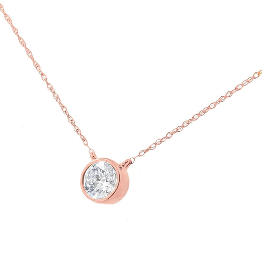 AGS Certified 10K Rose Gold 1/5 Cttw Bezel Set Round Diamond Solitaire 16-18" Adjustable Pendant Necklace (I-J Color, VS1-VS2 Clarity) - Puritific