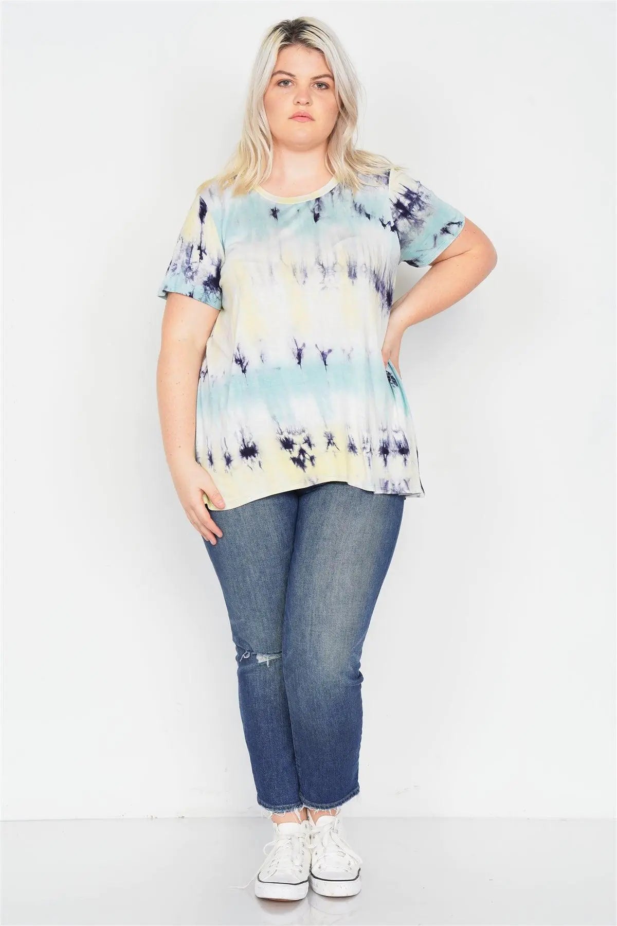 Plus Size Blue Yellow Tie Dye Retro Basic Short Sleeve Top  /2-2-1-1