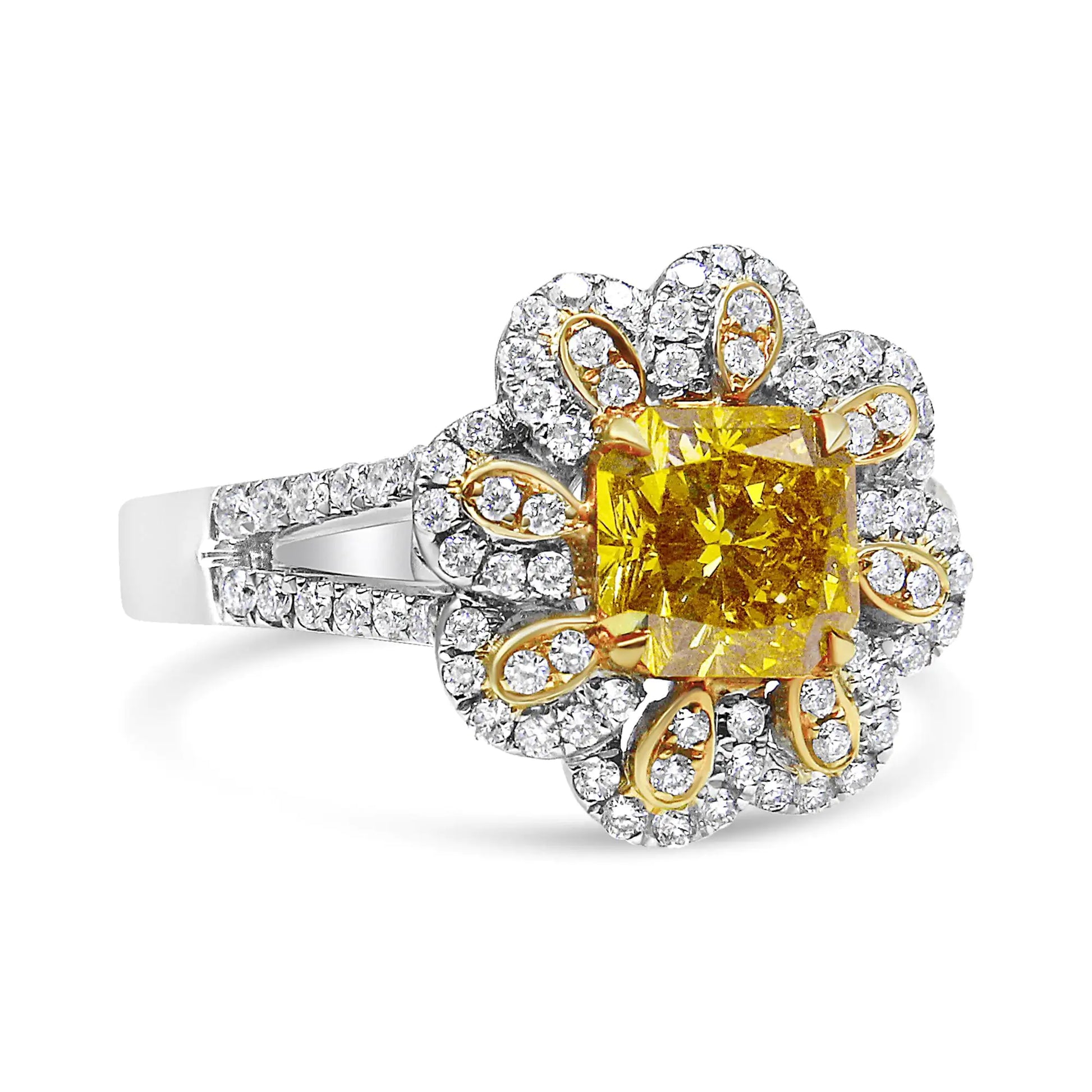 18K White and Yellow Gold 2.17 Cttw Yellow Radiant Lab Grown Center Diamond Flower Ring (Yellow/G-H Color, VS1-VS2 Clarity) - Puritific